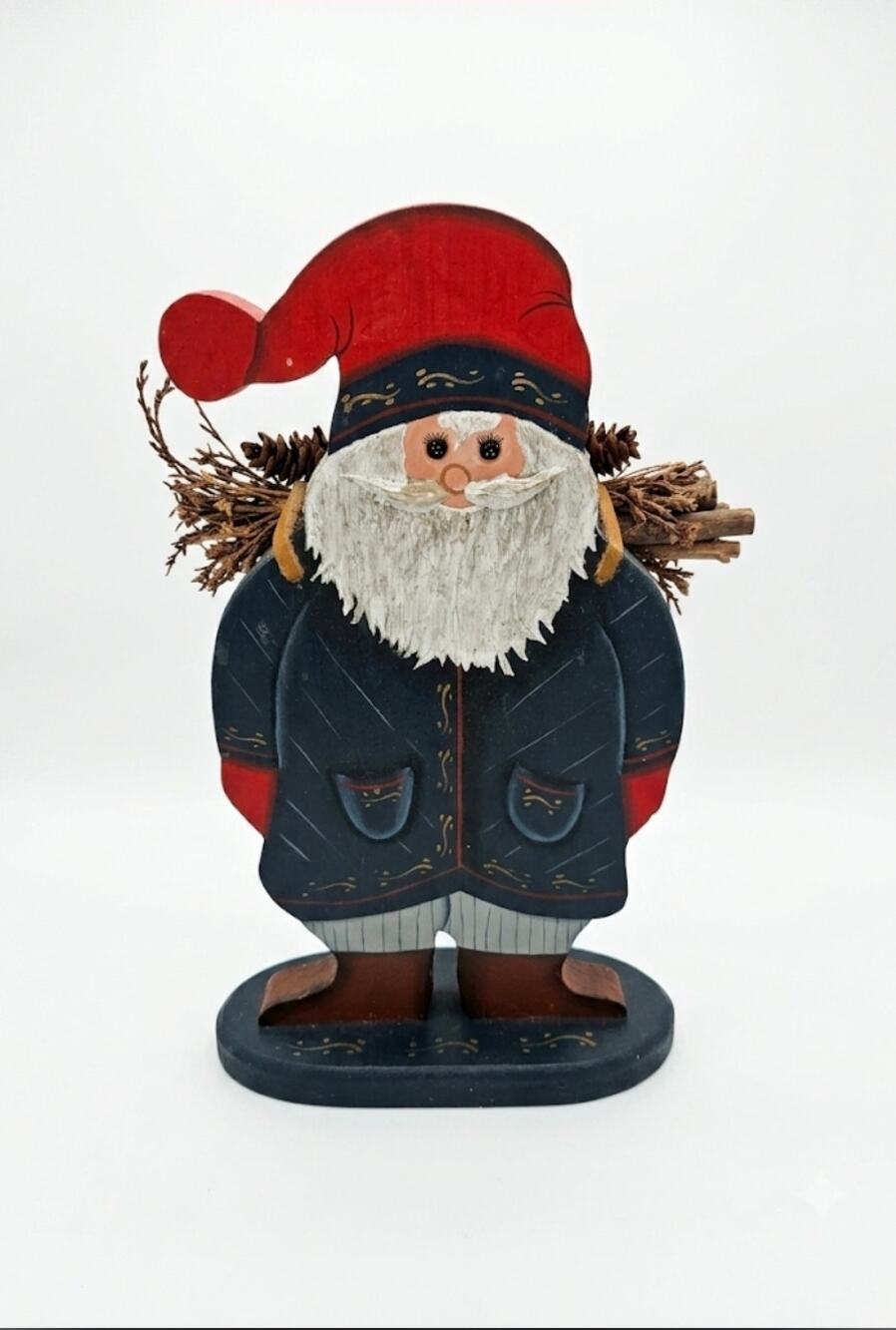 Hand Painted Tole Country Folk Art Rustic Wood Santa w/ Kindling Signed 12”